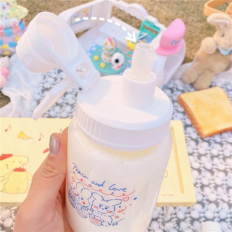Dễ Thương Dâu Tây Bình Nước Thủy Tinh Có Ống Hút Di Động Chống Rò Rỉ Dành Cho Trẻ Em Chai Cho Trường Uống Rõ Ràng Sữa Sippy Cup