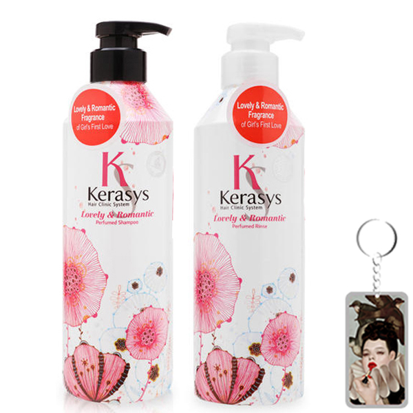 Cặp dầu gội/xả nước hoa Kerasys Lovely & Romantic hương hoa nhài, cúc Hàn Quốc 600ml + Móc khoá