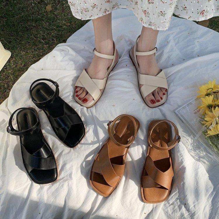Fashion Square Open Toe One Line Buckle Flat Sandals for Women