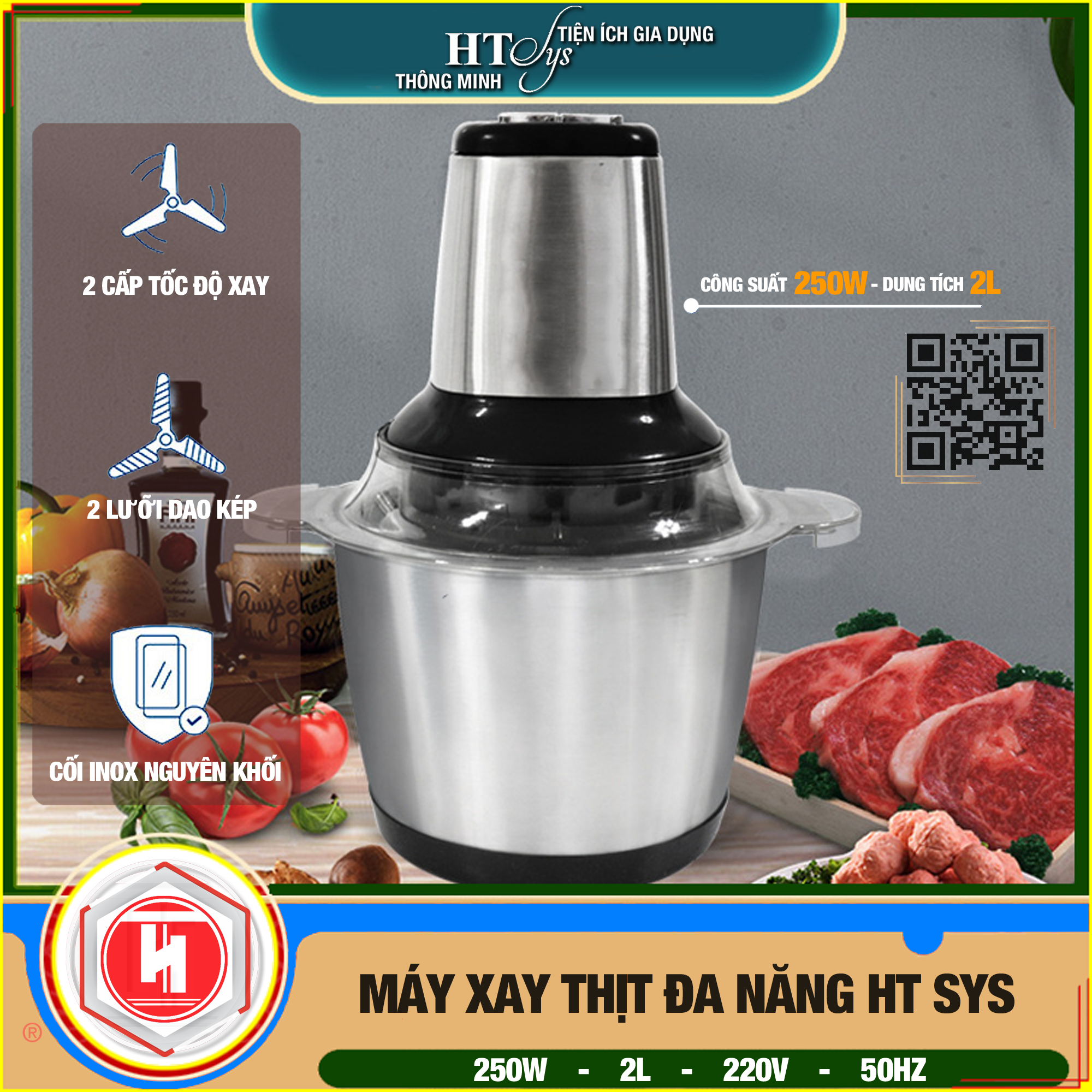 Máy xay đa năng HT SYS - 250W - Máy Xay Hành, Tỏi, Rau Củ ,Thịt Dung Tích 2L - 2 Lưỡi dao kép - Cối inox 304 - Hàng Nhập Khẩu