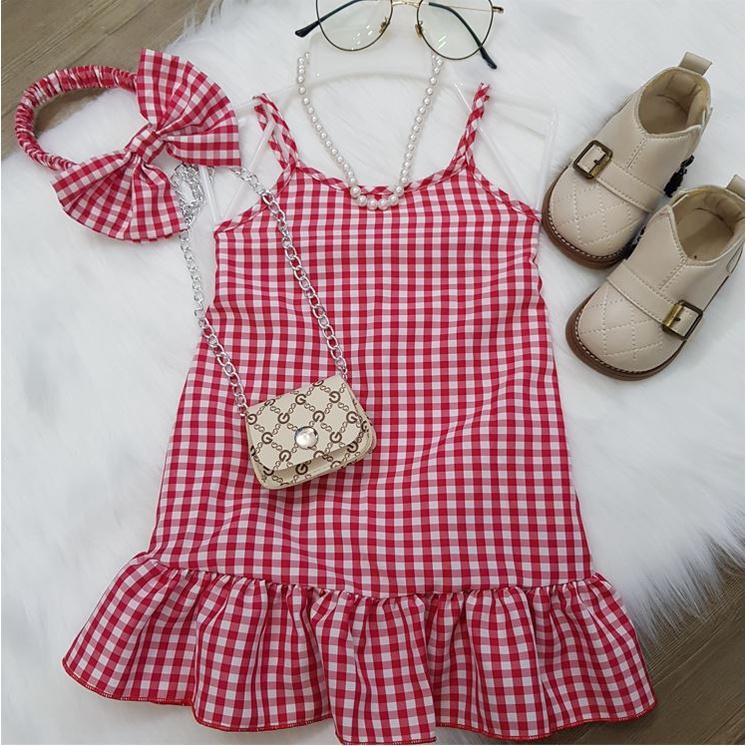 Váy bé gái,đầm bé gái 2 dây sọc caro chất liệu lụa cao cấp SIÊU DỄ THƯƠNG 8-22kg Angel Baby Thời Trang Thiết Kế