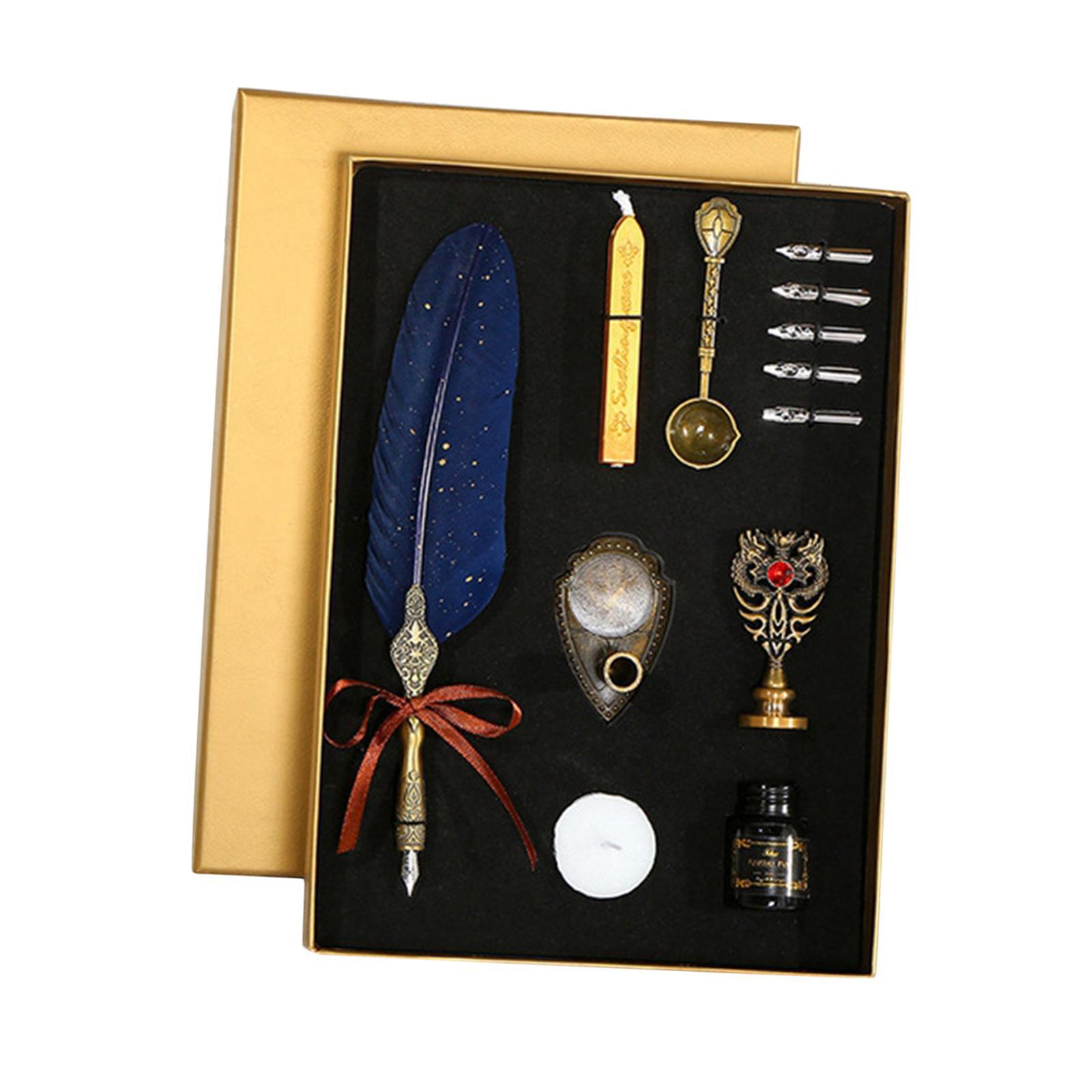Calligraphy Feather Pen Set Feather Dip Pen Bottle of Ink Anitque White