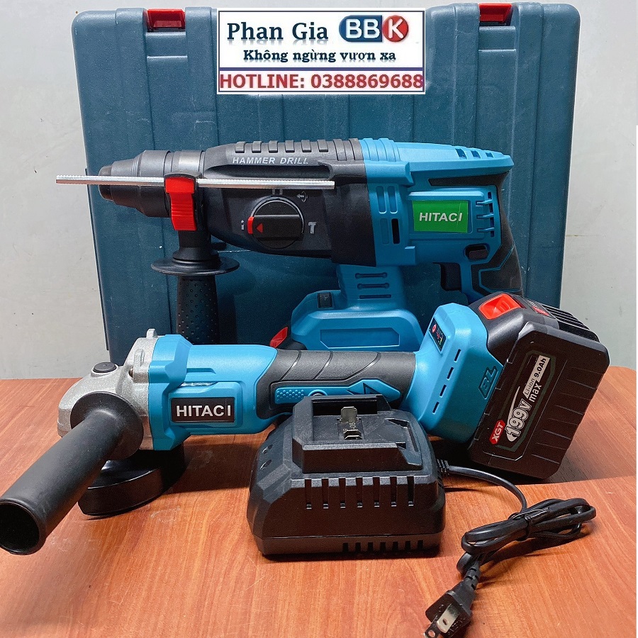 Bộ Combo 2 Máy Gồm Máy Khoan Đục Bê Tông Và Máy Cắt, Máy Mài Cầm Tay Dùng Pin 15 Cell 199V Lõi Đồng - Động Cơ Không Than