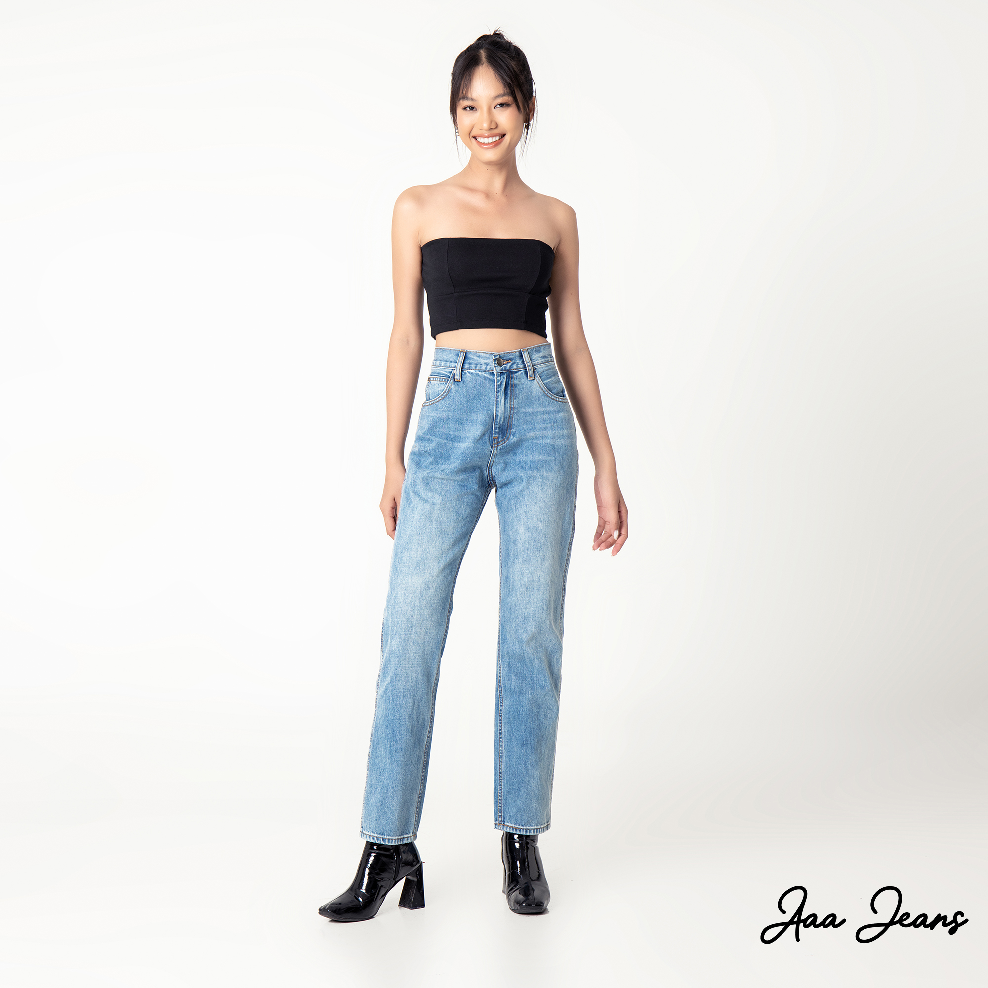 Quần jeans ống đứng nữ lưng cao Aaa Jeans Xanh Sky