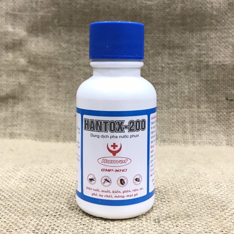Dung dịch pha nước phun Hantox-200 Chai 100ml Diệt ve, rận, bọ chét, ghẻ, kiến, gián, ruồi, muỗi, mòng, mạt gà Sx tại VN