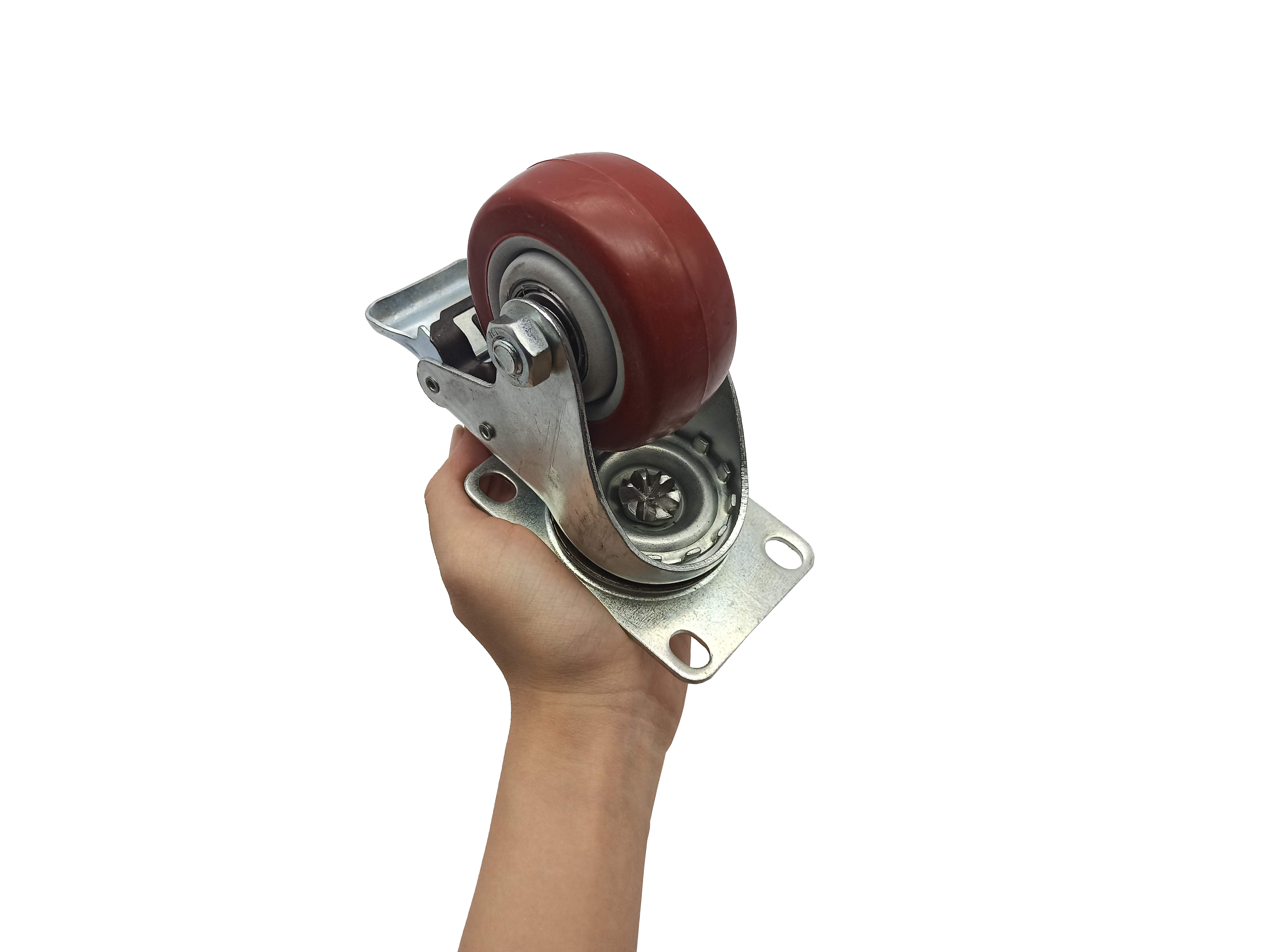 Bánh xe đẩy mặt đế xoay càng sắt mạ kền tải trọng 50kg lốp nhựa TPR đỏ mận rộng 32mm Φ75mm có khóa