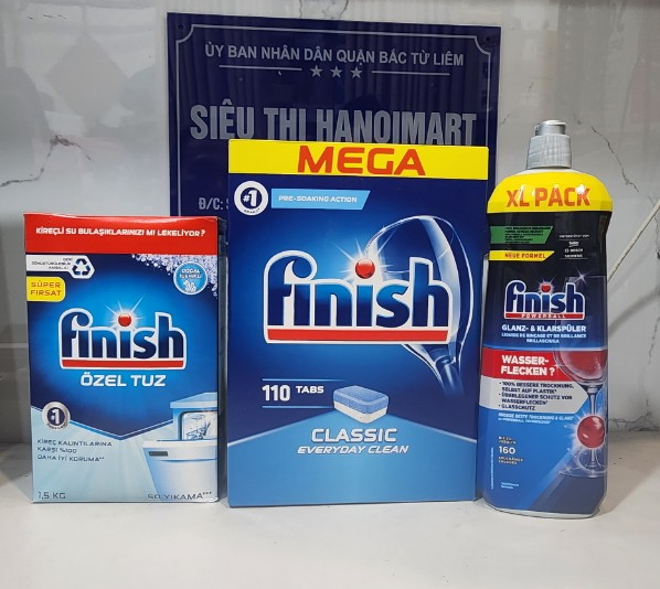 COMBO FINISH: Viên rửa bát Finish All in one 120 viên + Muối Finish 1.2kg + Nước làm bóng Finish 1150ml