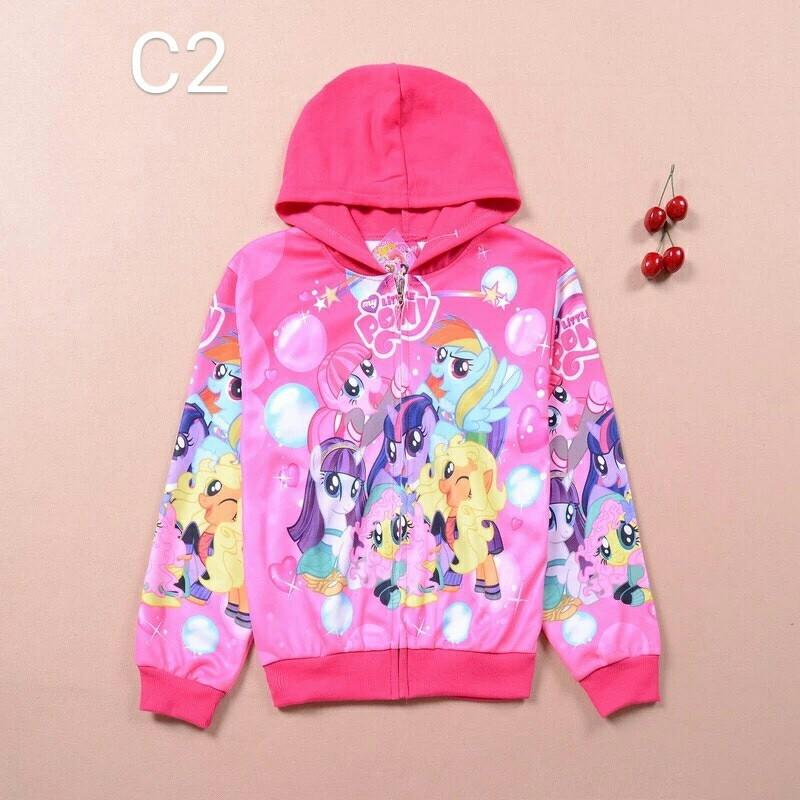 Áo khoác giữ ấm có nón, chất da cá mặc ấm cho bé gái, in 3D PONY sặc sỡ .