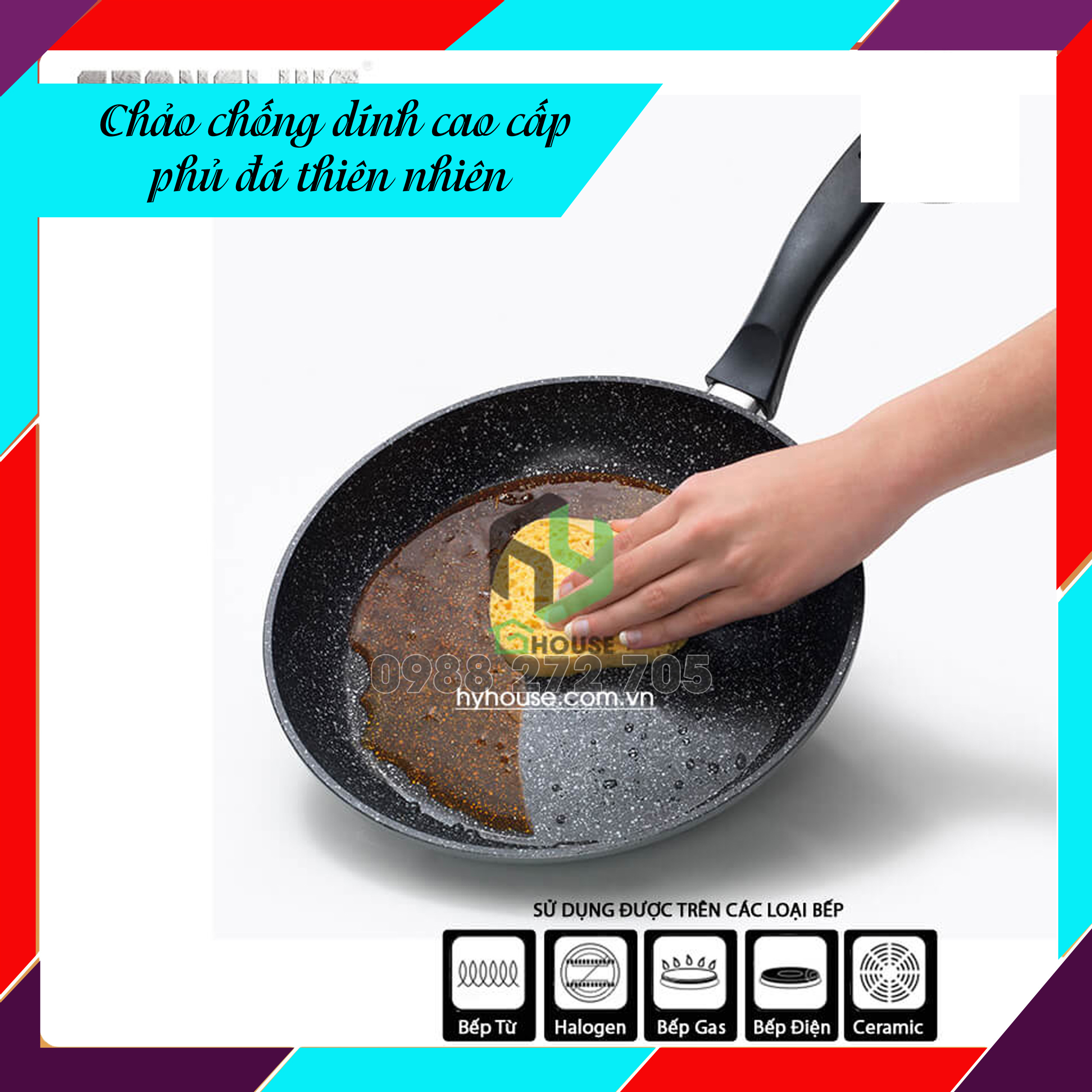Chảo chống dính phủ đá thiên nhiên cao cấp dùng cho bếp từ - 24cm sâu