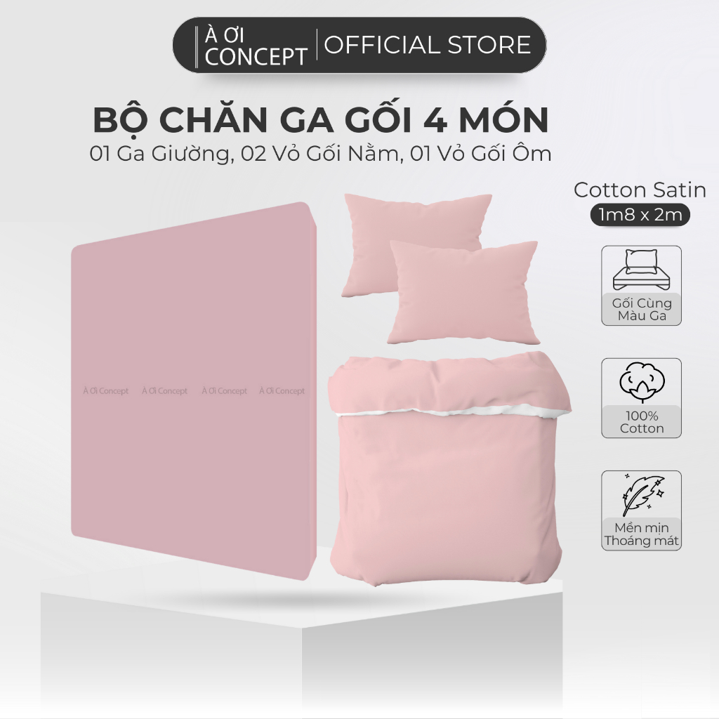 Bộ Chăn Ga Gối 4 Món Cotton Satin Size 1m8 x 2m Trơn Nhiều Màu À Ơi Concept cao cấp Hàn Quốc