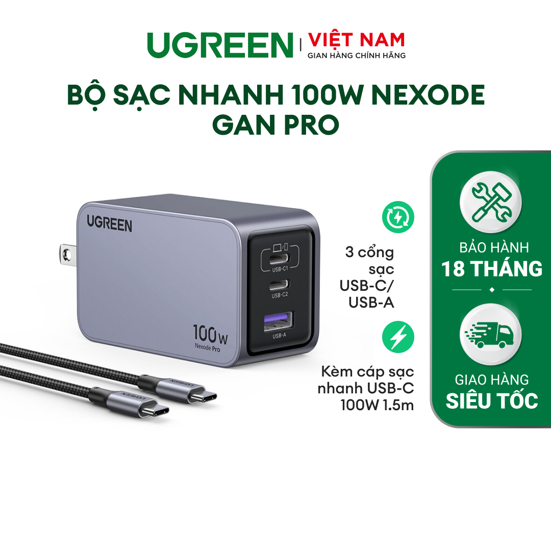 Bộ sạc nhanh UGREEN 100W Nexode GaN Pro X757 | 3 cổng sạc USB-C/USB-A | Kèm cáp sạc nhanh Type-C 100W 1.5m | Hàng chính hãng-Bảo hành 18 tháng | 25873