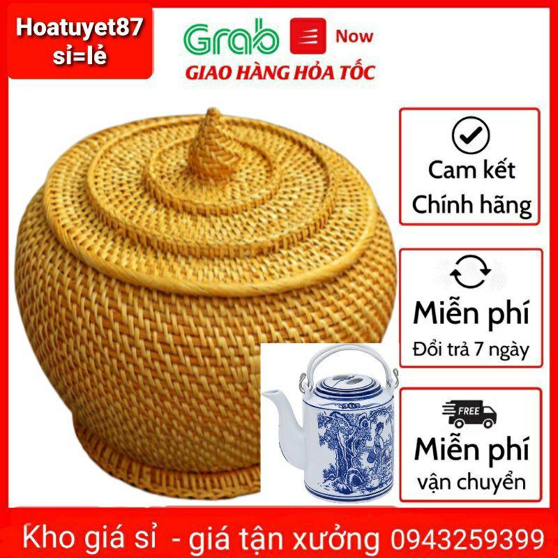 Bộ ủ ấm bằng nhựa giả mây + ấm tích bát tràng