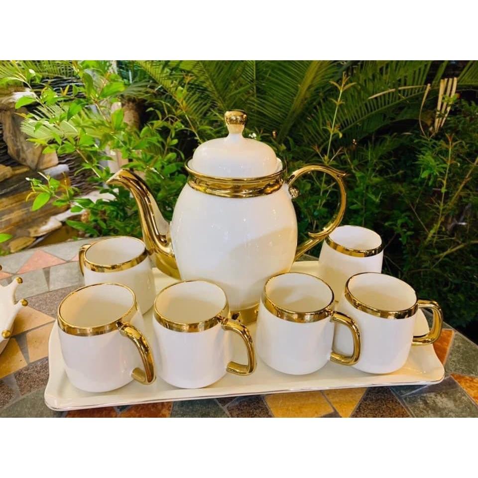 BỘ ẤM CHÉN KÈM KHAY SỨ PHA TRÀ CÀ PHÊ TRẮNG VIỀN VÀNG ẤM BẦU CAO
