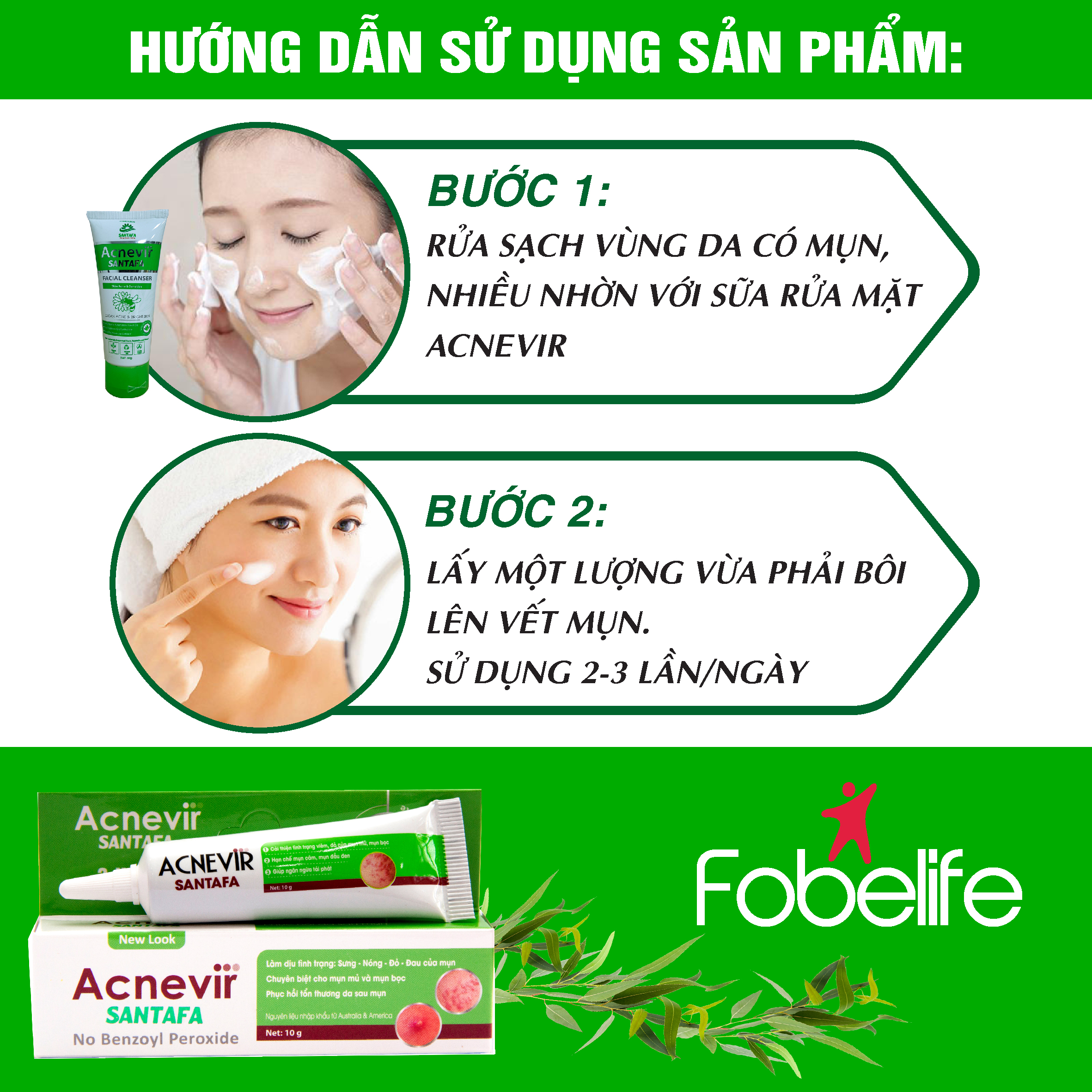 Combo 3 Tuýp Kem Trị Mụn Mủ Mụn Viêm Mụn Bọc Mụn Đỏ Acnevir Santafa (Xanh)- Tuýp 10gr