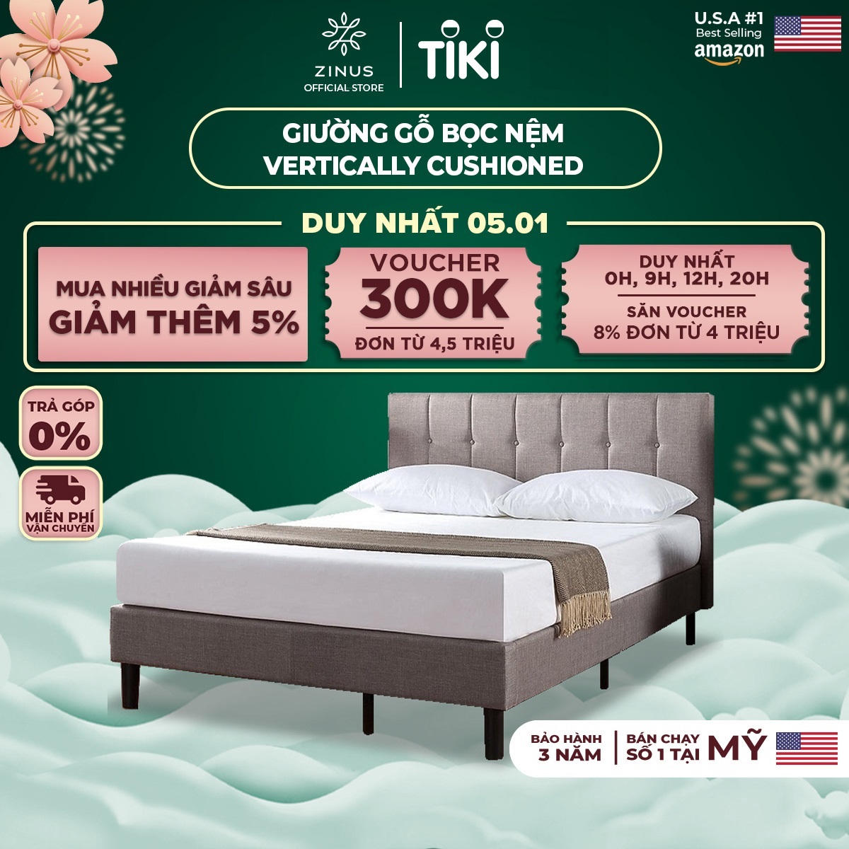 Giường Bọc Nệm Zinus Tự Lắp Ráp Sang Trọng Phong Cách Mỹ - Vertically Cushioned Platform Bed