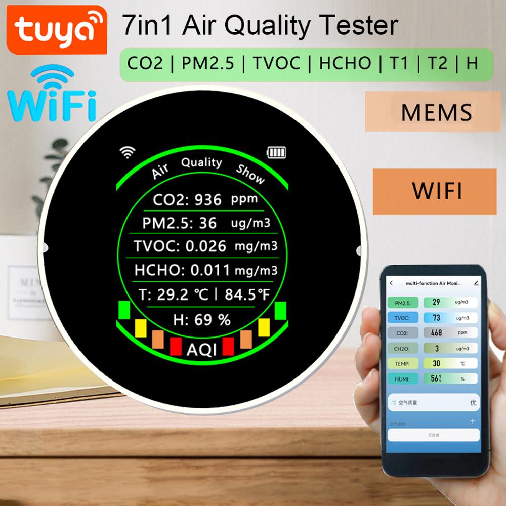 Tuya Wifi 7in1 Multifunctional Air Quality Meter PM2.5 CO2 TVOC HCHO AQI Temperature Humidity Tester Portable Color Display Carbon Dioxide Detector with Alarm Threshold Function