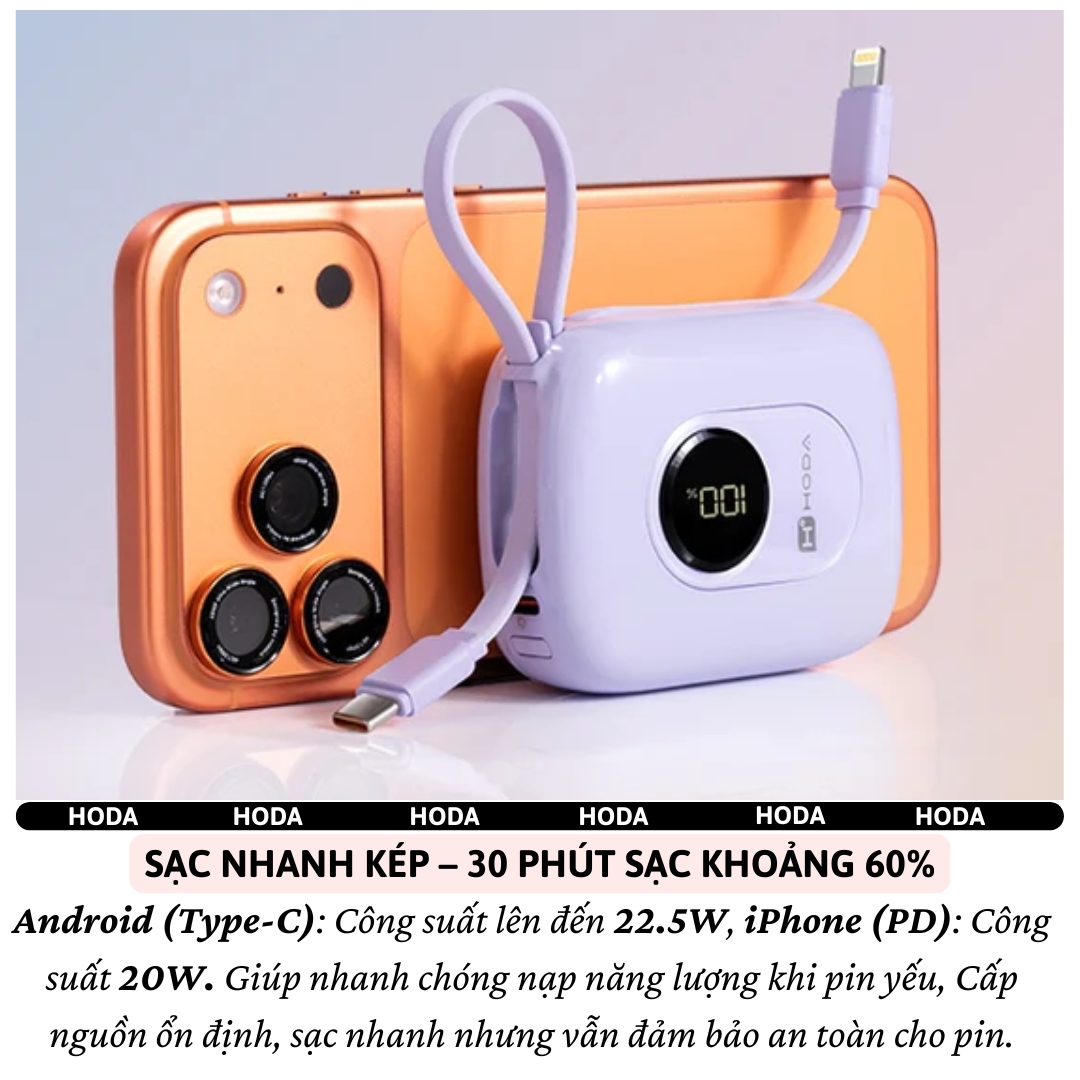 Pin sạc dự phòng sạc nhanh PD 22.5W 10.000mAh SafeCharge Multi-Protect Hoda Sạc 3 Thiết Bị, Tích Hợp Cáp Type-C &amp; L(iP) Sạc 3 Thiết Bị, 8 lớp bảo vệ an toàn – sạc mát, không hại pin - Hàng nhập khẩu