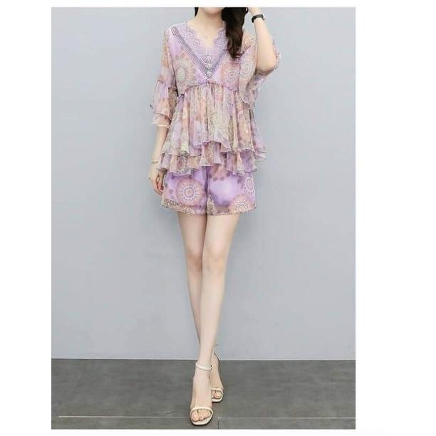 HÀNG NHẬP - SÉT SHORT ÁO TẦNG CỔ V REN PHỐI NÚT ĐÁ TAY LOE