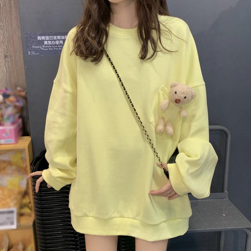Áo Thun Nữ Tay Dài Dáng Rộng In Hình Gấu Dễ Thương Phong Cách Hàn Quốc