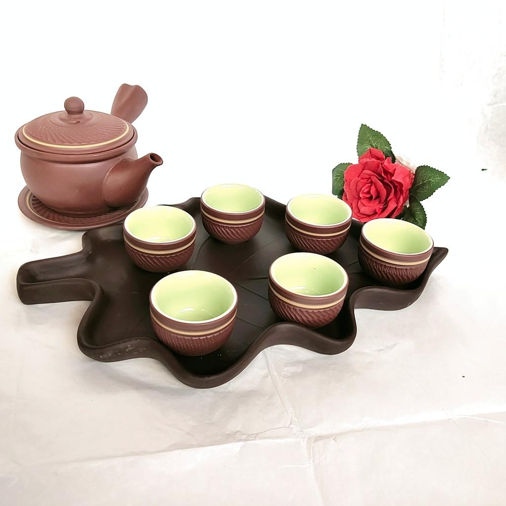 Trà đạo - Bộ ấm chén tử sa có tay cầm ngang khay hình lá độc đáo - Dung tích 300 ml