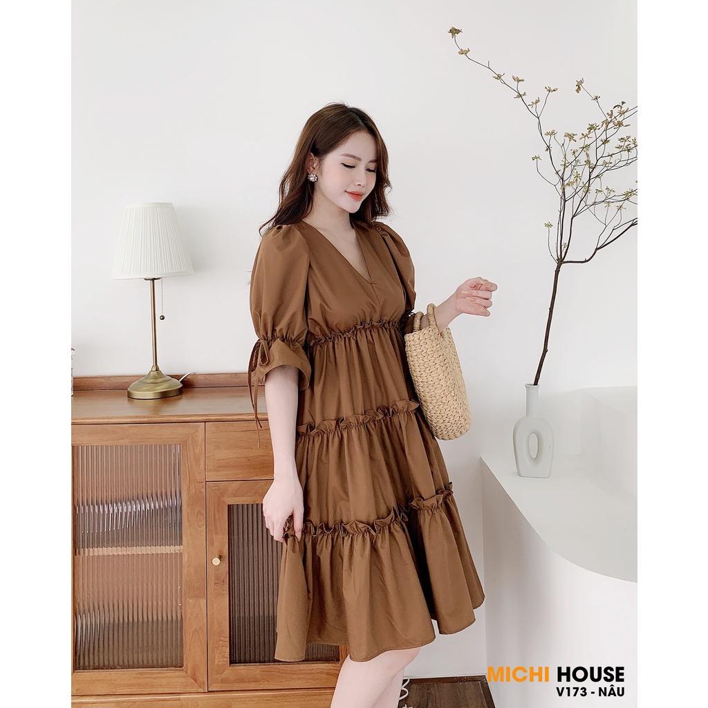 Váy suông babydoll 3 tầng, cổ V, đầm xuông rộng freesize, tay bo phồng buộc nơ 2 màu mã V173 - Michi's House