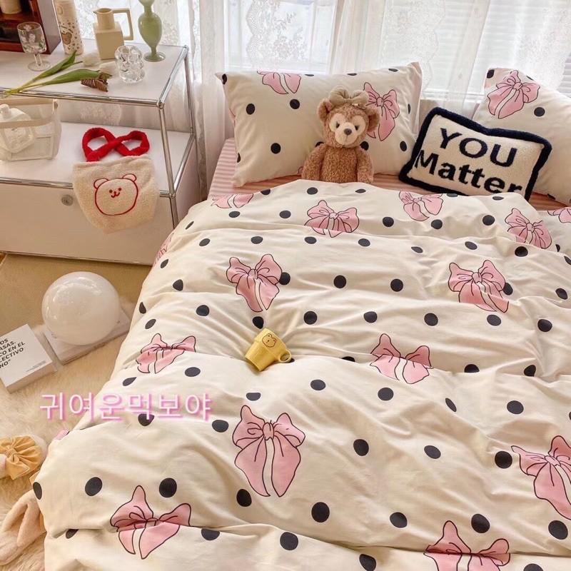 Bộ Chăn Ga Gối Cotton Living 100%cotton Hàng Nhập Khẩu Cao Cấp 4 Món Nơ Chấm Bi