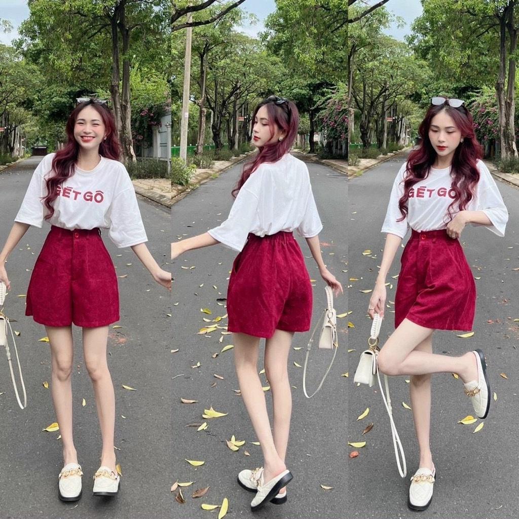 Sét Đồ Bộ Nữ Áo Cotton Cổ Tròn Tay Lỡ Kèm Quần Short Tăm Nhung Thiết Kế độc lạ kdx