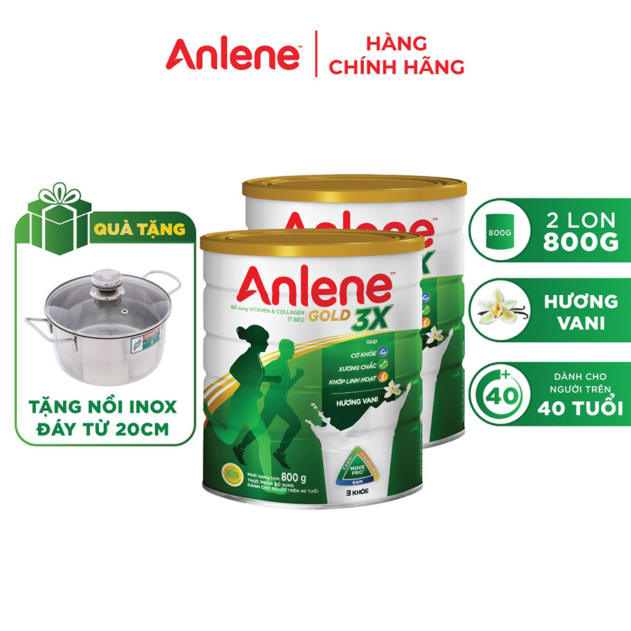 Combo 2 Sữa Bột Anlene Gold 3X Hương Vanilla (Hộp thiếc 800g) - Tặng 1 hộp Anlene 3X tiện lợi 8gói*35g