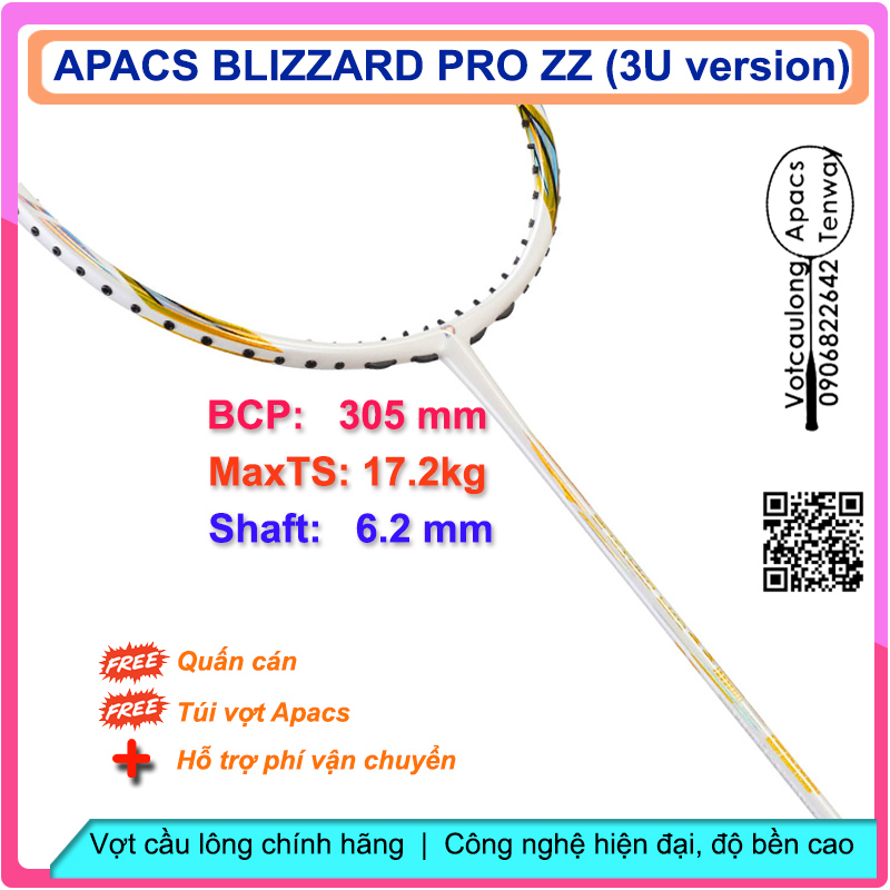 Vợt cầu lông Apacs Blizzard Pro ZZ - 3U | Vợt 3U thân đũa thế hệ mới, đũa chỉ 6.2mm, nặng đầu chuyên công, khung đan 17kg