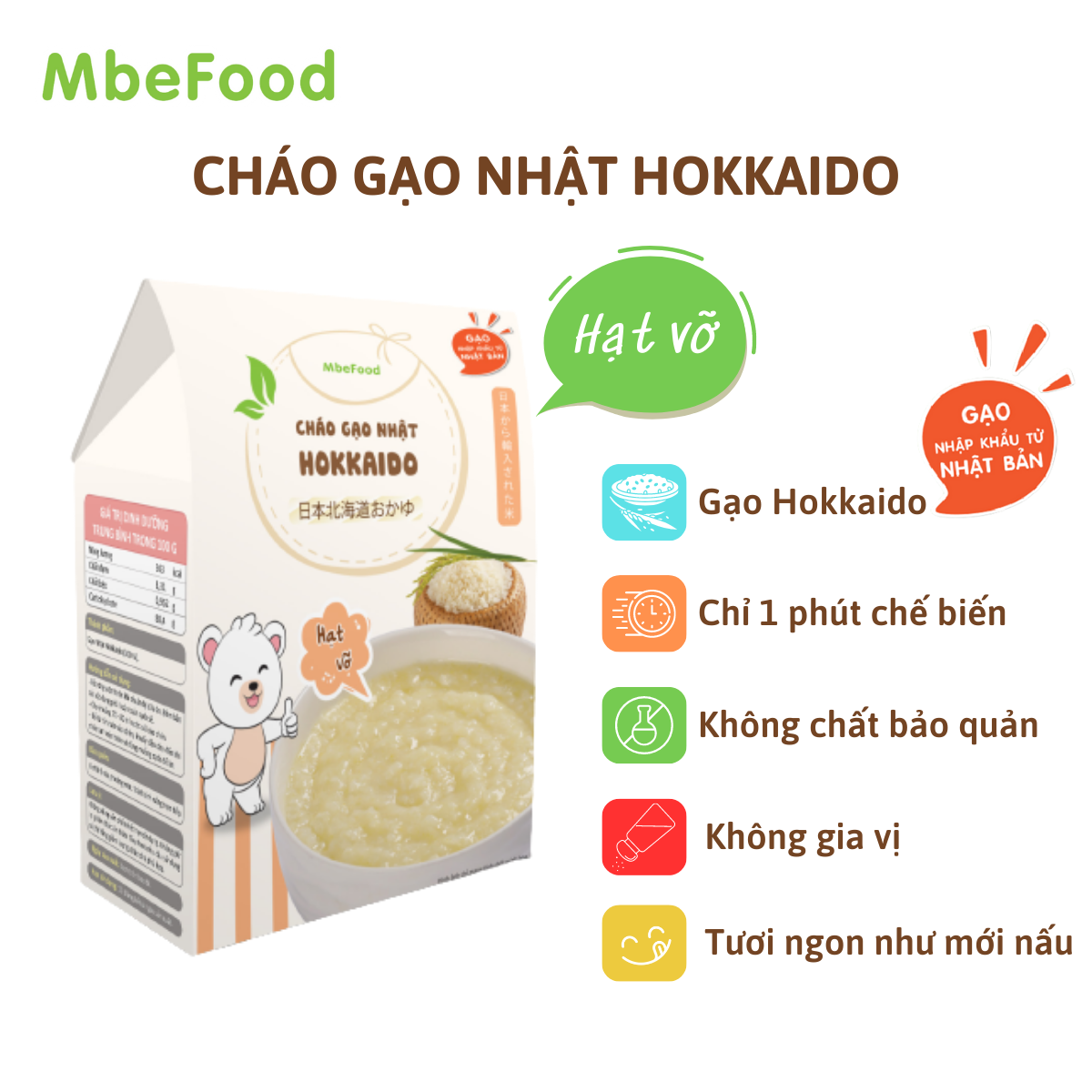 Cháo hạt vỡ cho bé ăn dặm MbeFood Cháo gạo Nhật Hokkaido (Hộp 4 gói x 18g)