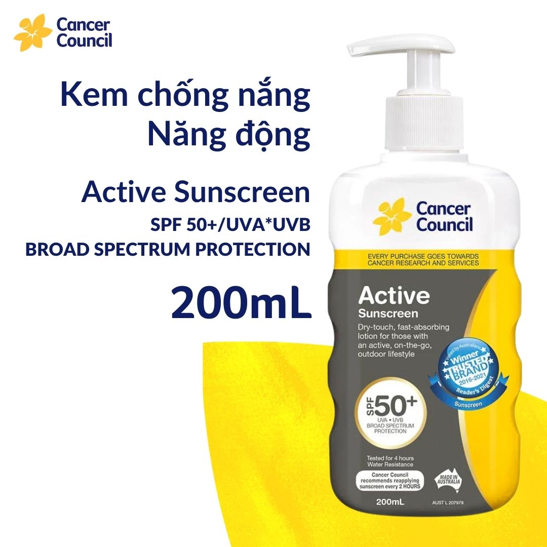 Kem chống nắng năng động Cancer Council Active SPF50+/PA++++ 200ml