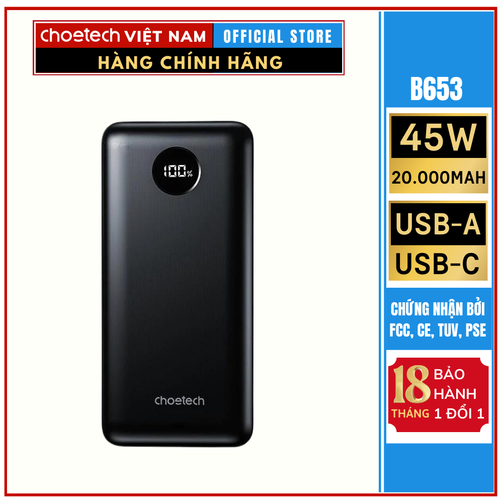 Pin Sạc Dự Phòng 45W dung lượng 20000mAh Choetech B653