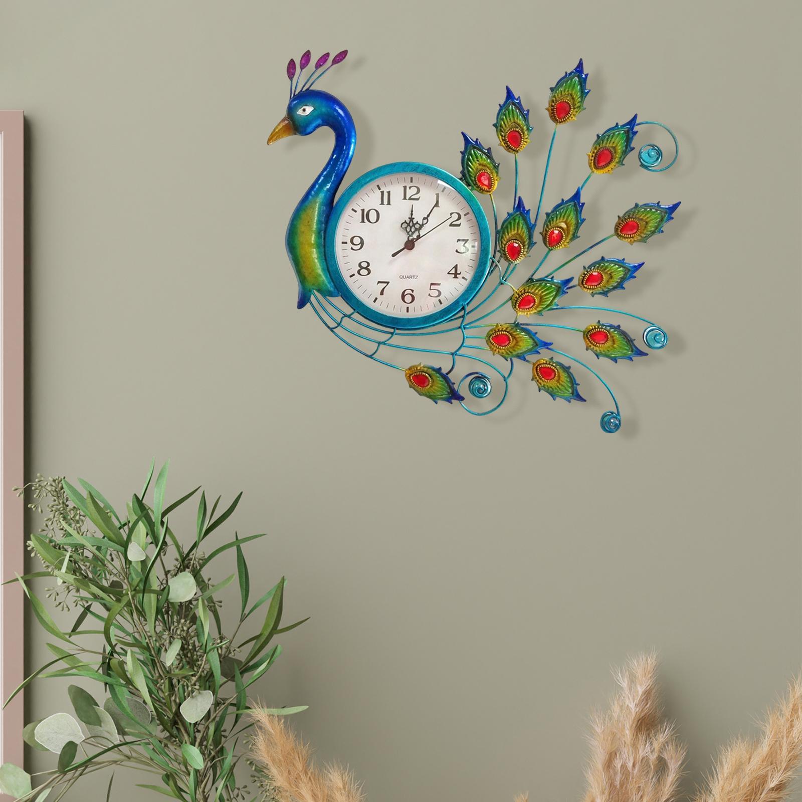 Metal Peacock Wall Clock Sculpture Mute Hanging Art Decoration for Home
