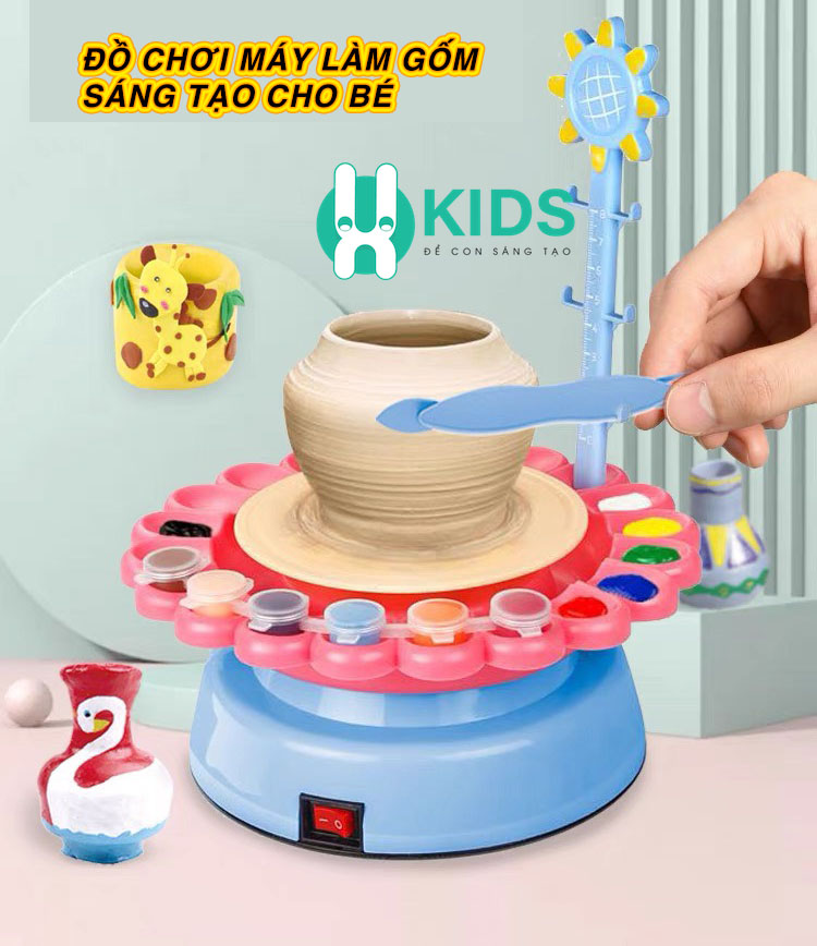 Đồ chơi máy làm gốm sứ handmade bằng đất sét cao cấp kèm tạp dề và 12 màu tô dễ thương cho bé