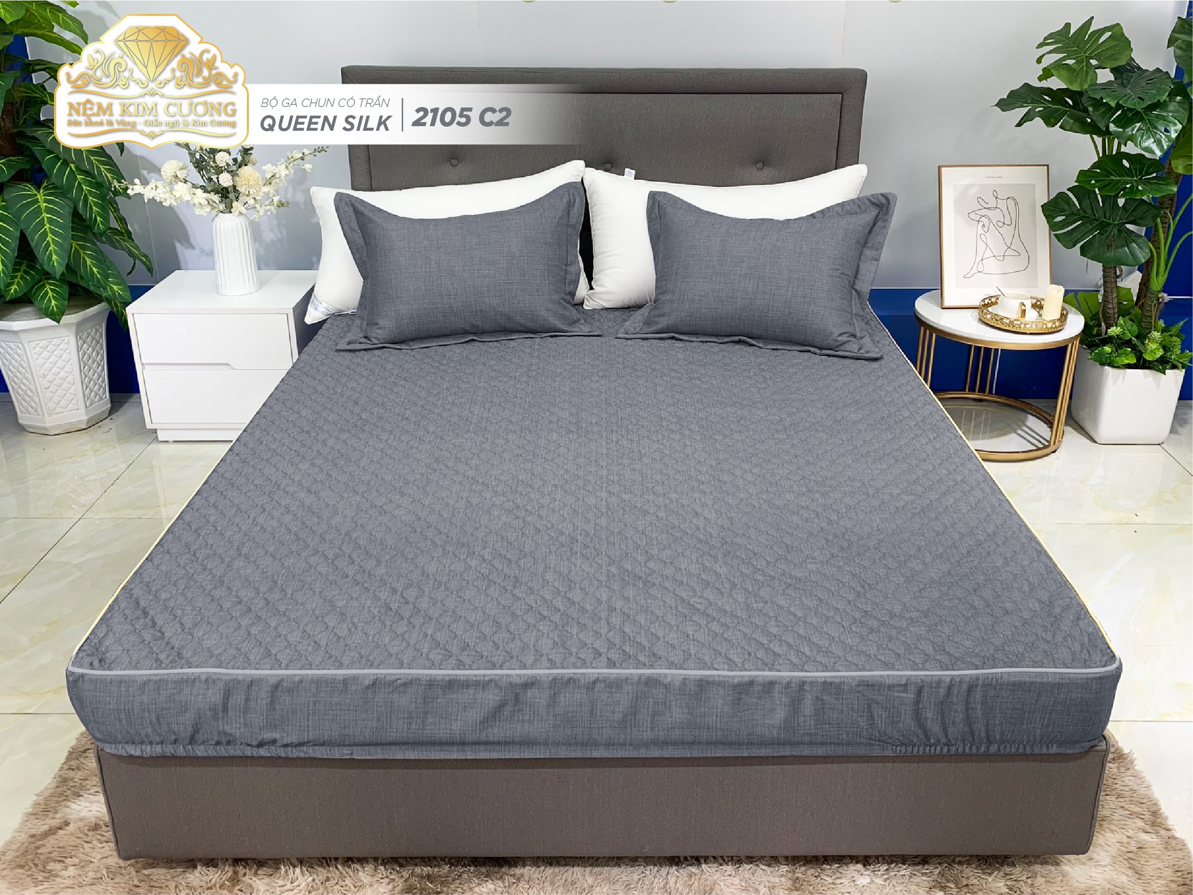 Bộ ga chun chần+ 2 vỏ gối kích thước 180x200cm hãng Kim Cương cao cấp, hàng 1 màu dễ phù hợp với nội thất mọi căn nhà. Chất liệu vải Tencel mềm mượt, thoáng mát
