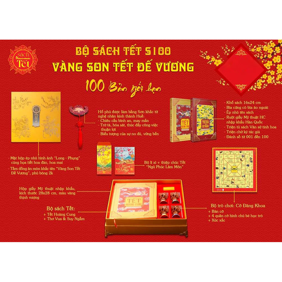 Bộ 2 Cuốn Sách: Vàng Son Tết Đế Vương (2 Tập) - Bản Giới Hạn Được Đánh Số Từ: 1 Đến 100 (Giao Số Ngẫu Nhiên) [Hộp Sách Gồm : Hộp Đựng 28 x 28 cm + 2 Cuốn Sách Tết + Bộ Trò Chơi Giân Gian : Cờ Đăng Khoa + Tấm Hổ Phù Làm Từ Sơn Khắc Nghệ