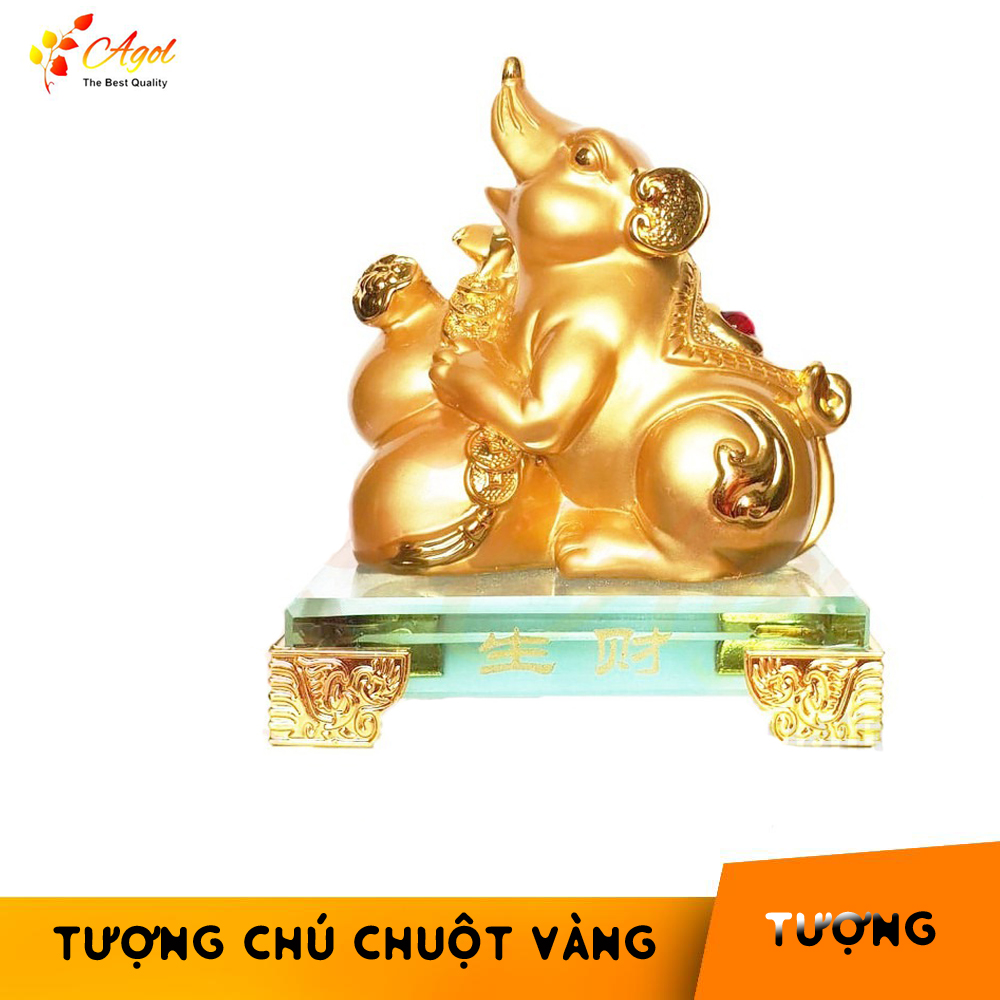 TƯỢNG CHÚ CHUỘT VÀNG ĐẾ KÍNH THỦY TINH - Tượng Kim Tý Chiêu Tài