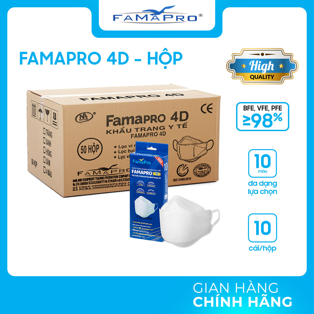 [THÙNG HỘP - FAMAPRO 4D] Khẩu trang y tế kháng khuẩn cao cấp Famapro 4D tiêu chuẩn KF94 (50 hộp/thùng)