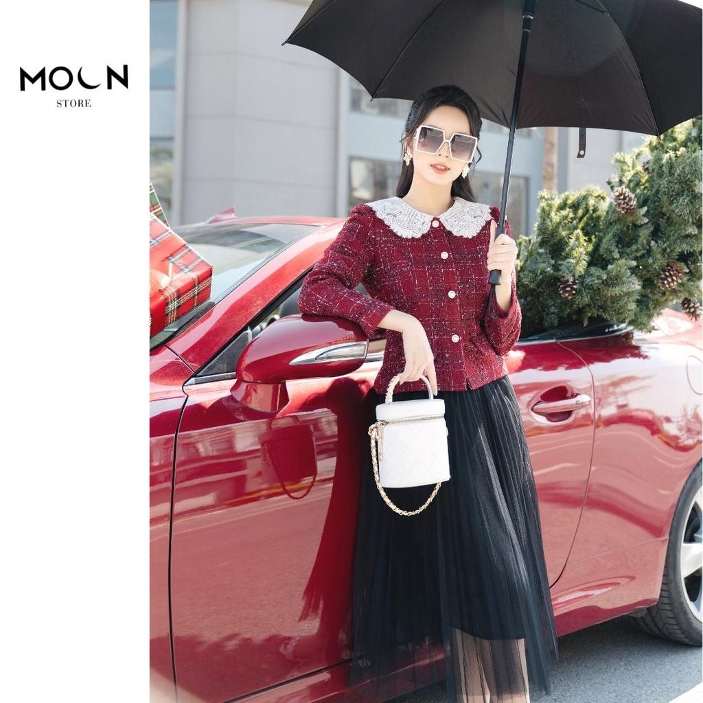 Chân váy dập lưới phối thắt lưng da sang trọng dễ phối đồ 3 lớp dày dặn đầm công sở nữ MCV334 MOON STORE
