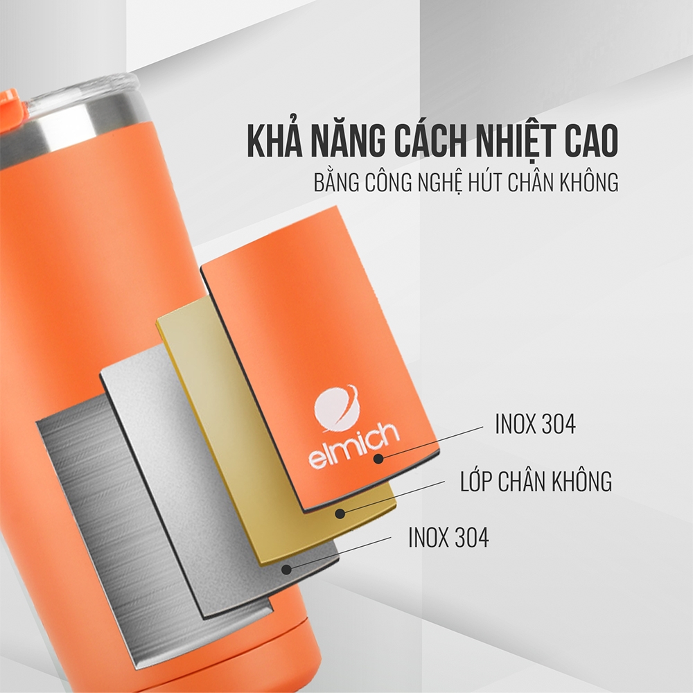 Cốc giữ nhiệt 580ml Elmich EL-3666 thiết kế 3 lớp, lòng inox 304, mặt ngoài có 2 màu đen cam đẹp mắt - Hàng chính hãng