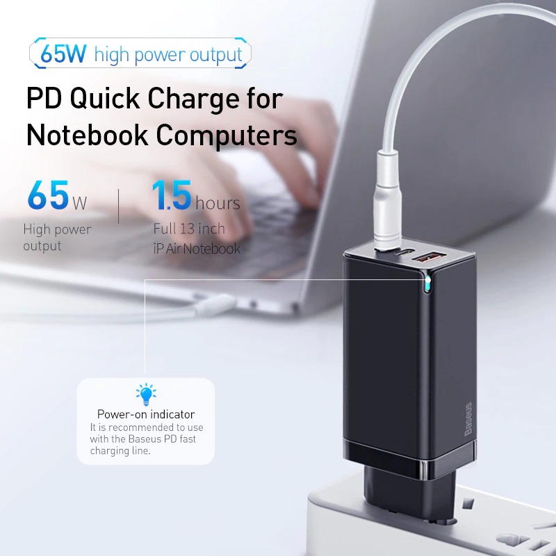 Bộ sạc nhanh đa năng thế hệ mới Baseus GaN Travel Quick Charger 65W cho Smartphone/ Tablet/ iPad/ Macbook/ Laptop, Kèm cáp sạc C to C 100W) - Hàng Chính Hãng