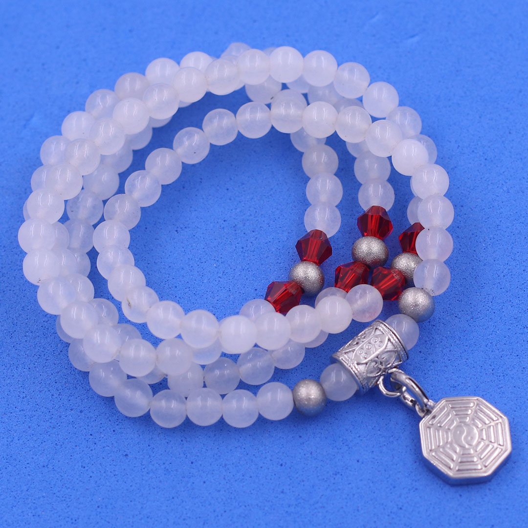 Vòng chuỗi 108 hạt đá thạch anh trắng 6 ly charm bát quái inox - vòng chuỗi niệm Phật, vòng tay chuỗi hạt