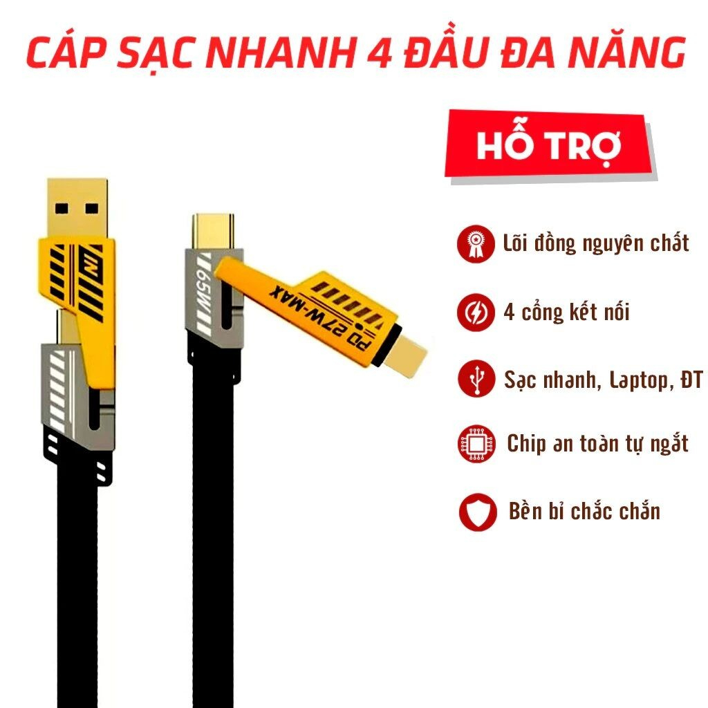 Bộ sạc nhanh 4 cổng, 120W: 2 cổng Type C + 2 cổng USB - Và cáp sạc nhanh 4 in 1 - Hàng chính hãng