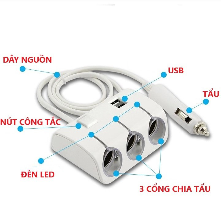 BỘ CHIA TẨU Ô TÔ 1 RA 3 VÀ 2 CỔNG USB LOẠI TỐT GIAO MÀU NGẪU NHIÊN