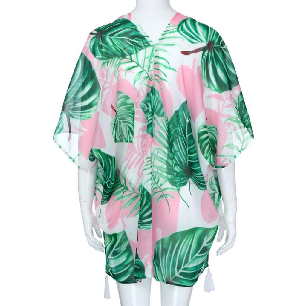 Women's Beach Cover Up Kimono Cardigan Tropical Leaves Tassels Design Soft Chiffon Blouse Shawl Top M-XL