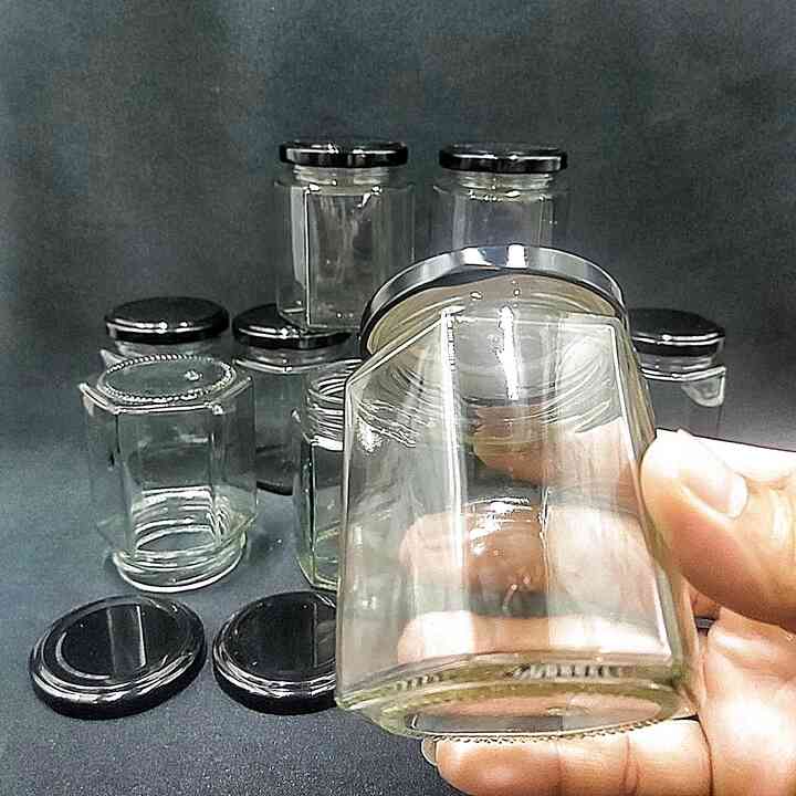 Combo 6 hũ thủy tinh lục giác 180ml nắp thiếc đen vặn – hủ thuỷ tinh đựng mật ong, yến chưng, dầu dừa, sữa chua, thực phẩm, hũ gia vị