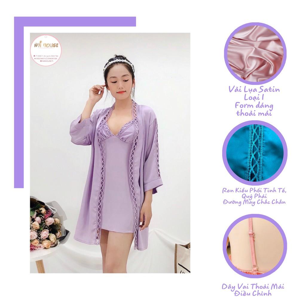 BỘ KIỂU ĐẦM NGỦ KHOÁC ÁO NHIHOUSE71 ĐẦM 2 DÂY ÁO KHOÁC DÀI TAY PHỐI REN KIỂU QUÝ PHÁI FREESIZE DƯỚI 55KG