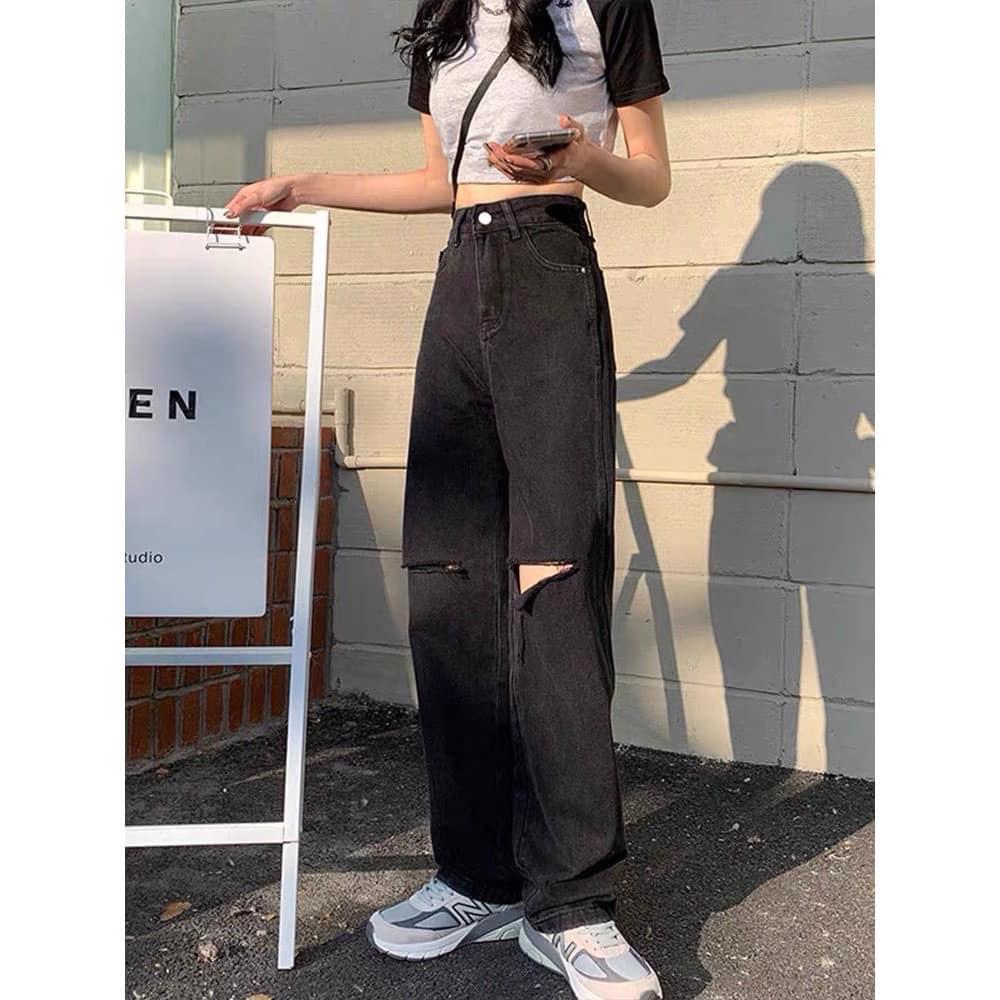 Quần jean ống rộng dài, quần jean nữ rách, quần rách lưng cao, quần nữ, quần bò ống rộng dáng thụng, quần dài nữ màu đen