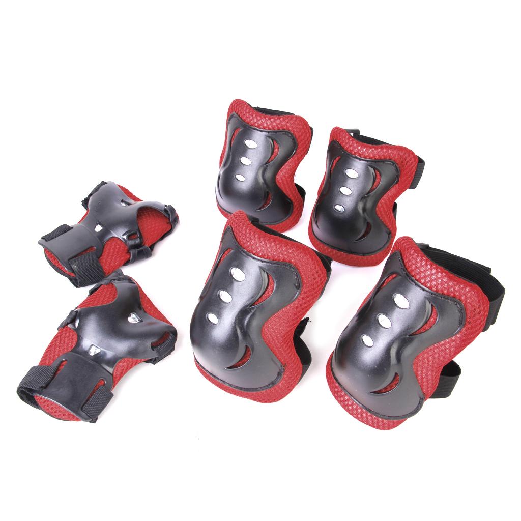 1 Set of 6PCS Adjustable Size Roller Skating Skateboard Knee Elbow Wrist Protective Guard Pad Black and Red