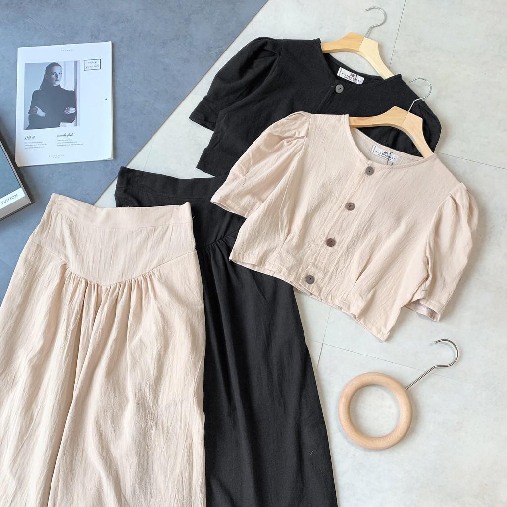 Set áo croptop cộc tay quần lửng sớ hai màu be và đen SET202102